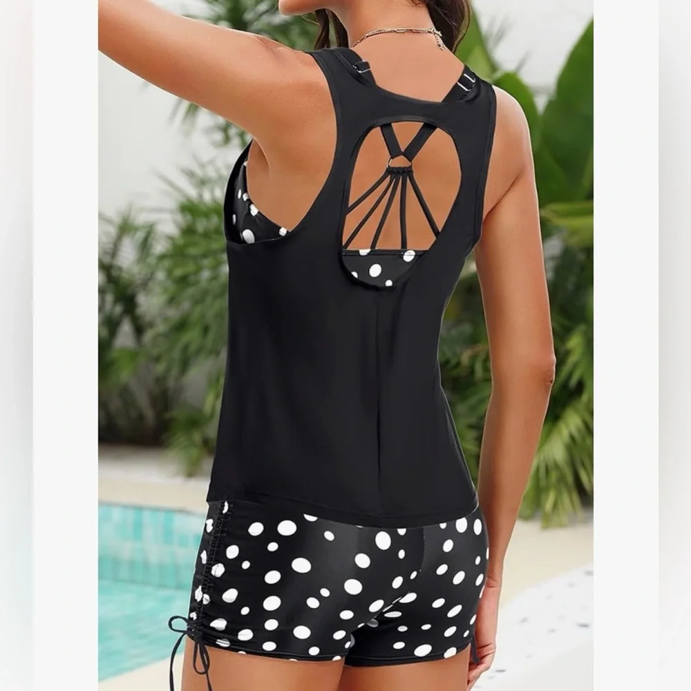 Black Polka Dot Layered 3 Piece Swim Outfit - Picture 4 of 7